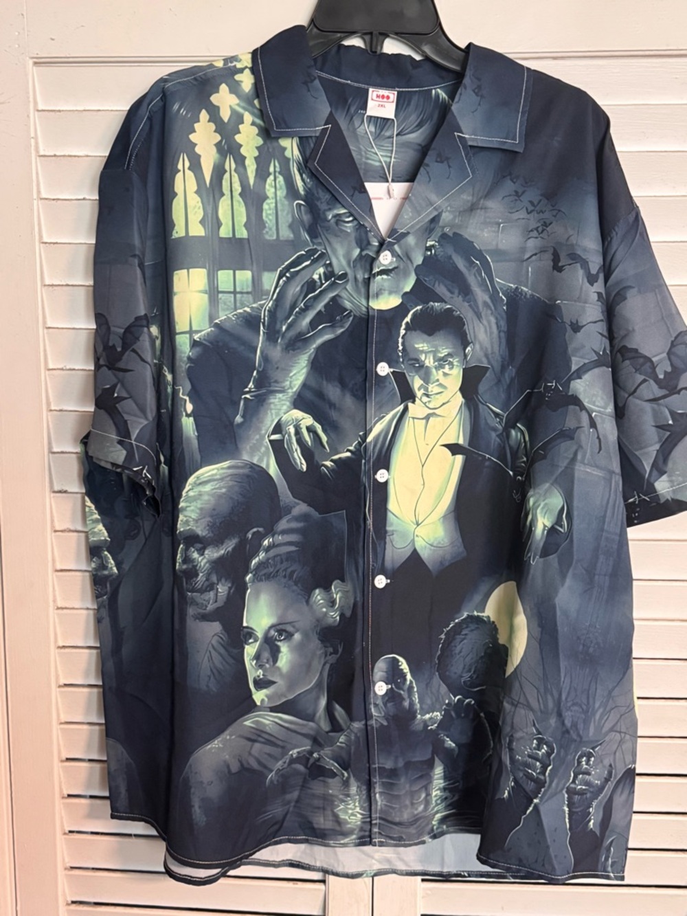 Mens HOO Horror Monsters Dracula Black Short Sleeve Button Up Shirt Size Xxl 2XL